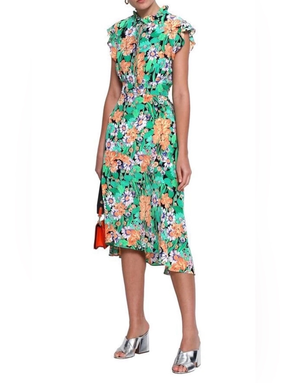 Sandro Maline Green Floral Print Silk Dress Green  size 34 (XS)